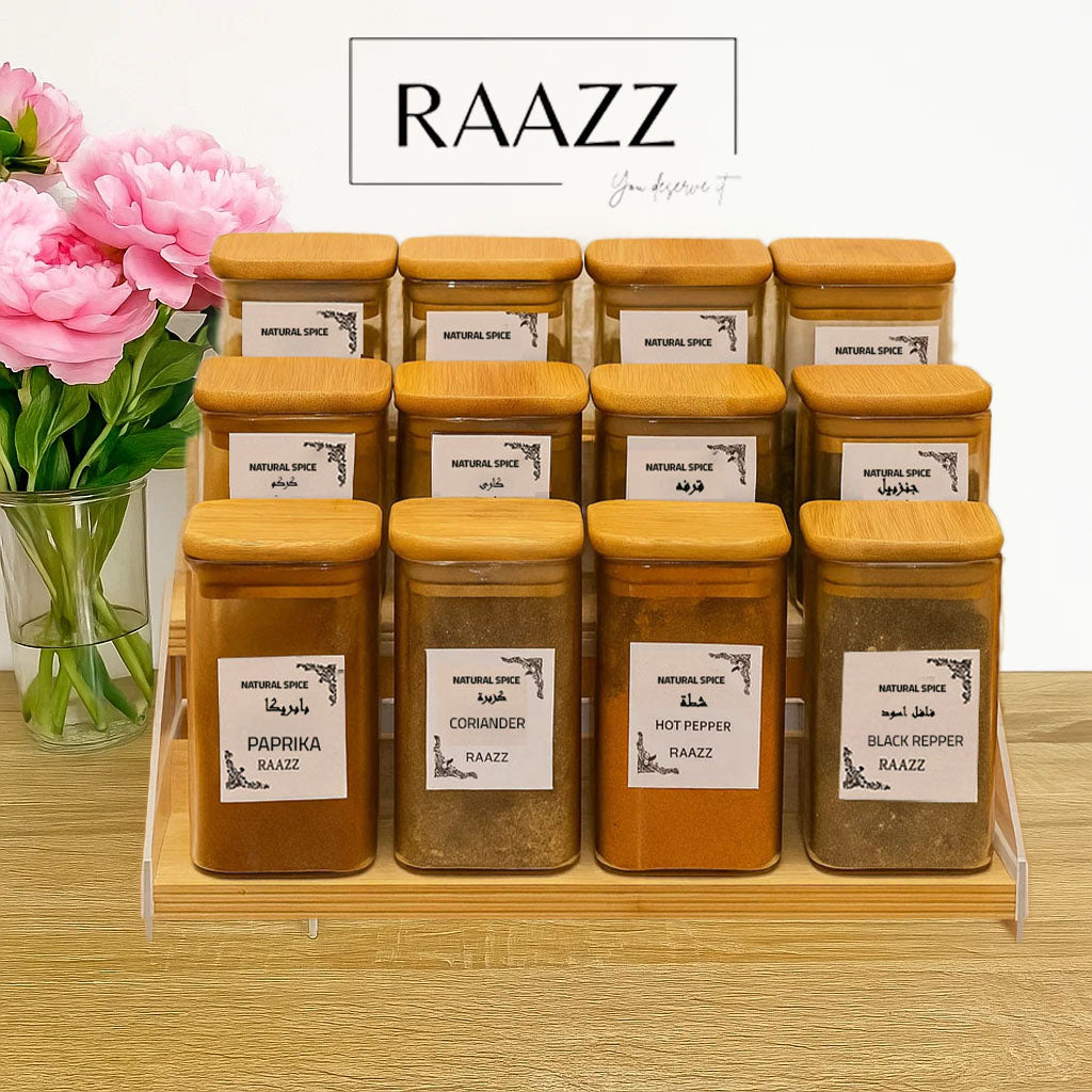 طقم برطمانات توابل فاخر – تصميم خشبي أنيق  12 برطمان توابل