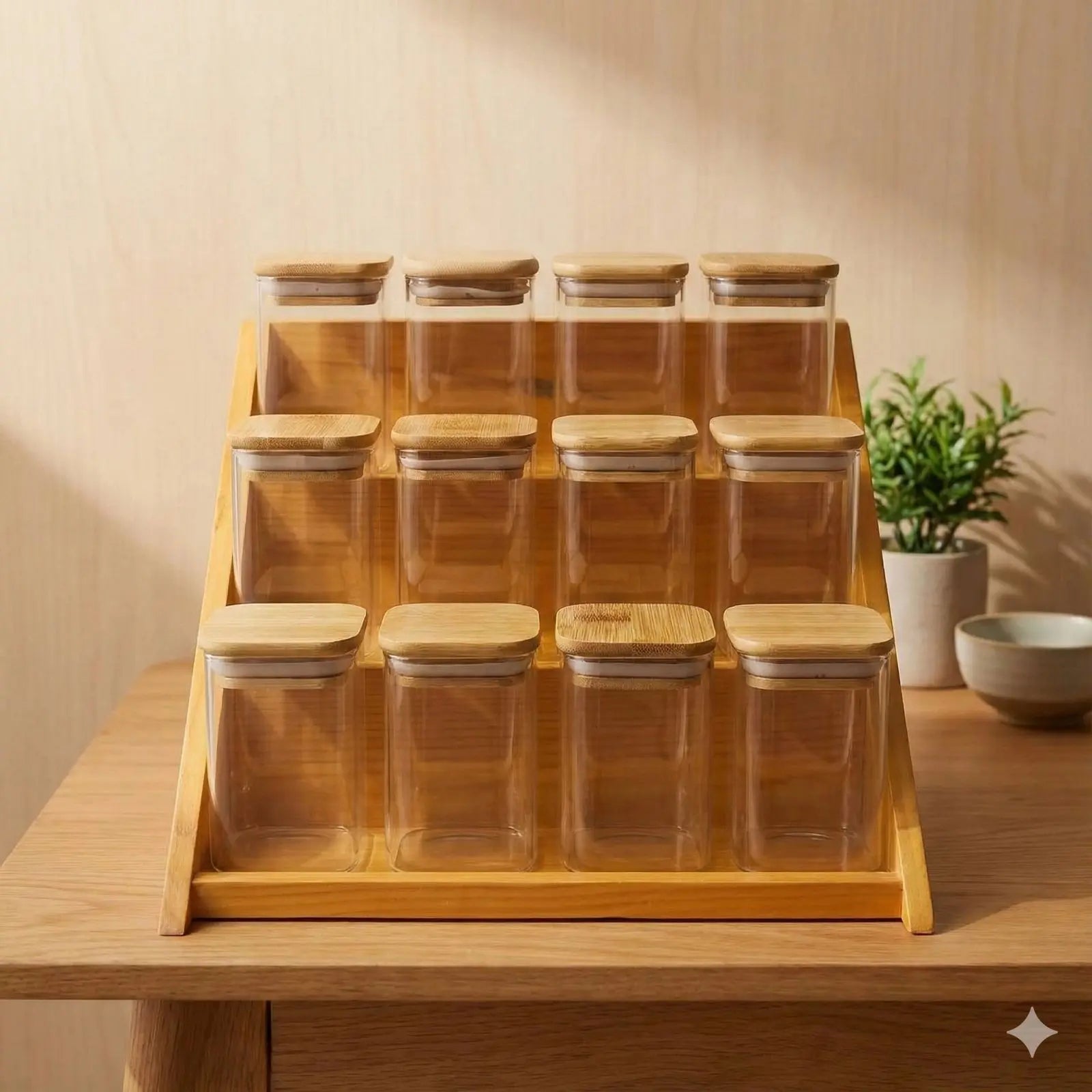 طقم توابل 200 مل كامل بمنظم خشب + معالق + استيكر