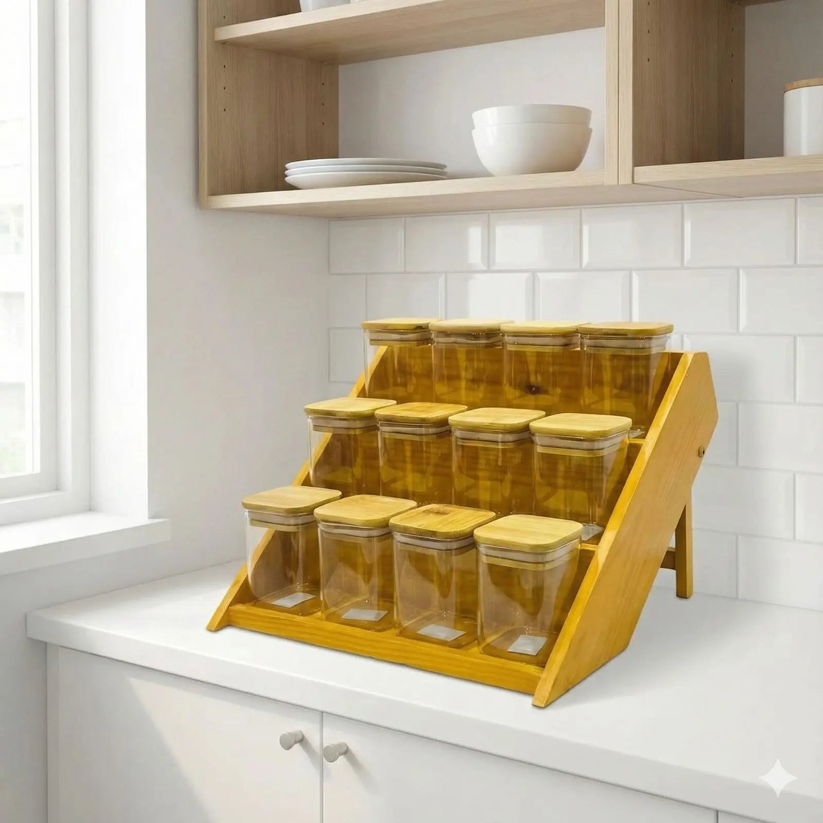 طقم توابل 200 مل كامل بمنظم خشب + معالق + استيكر