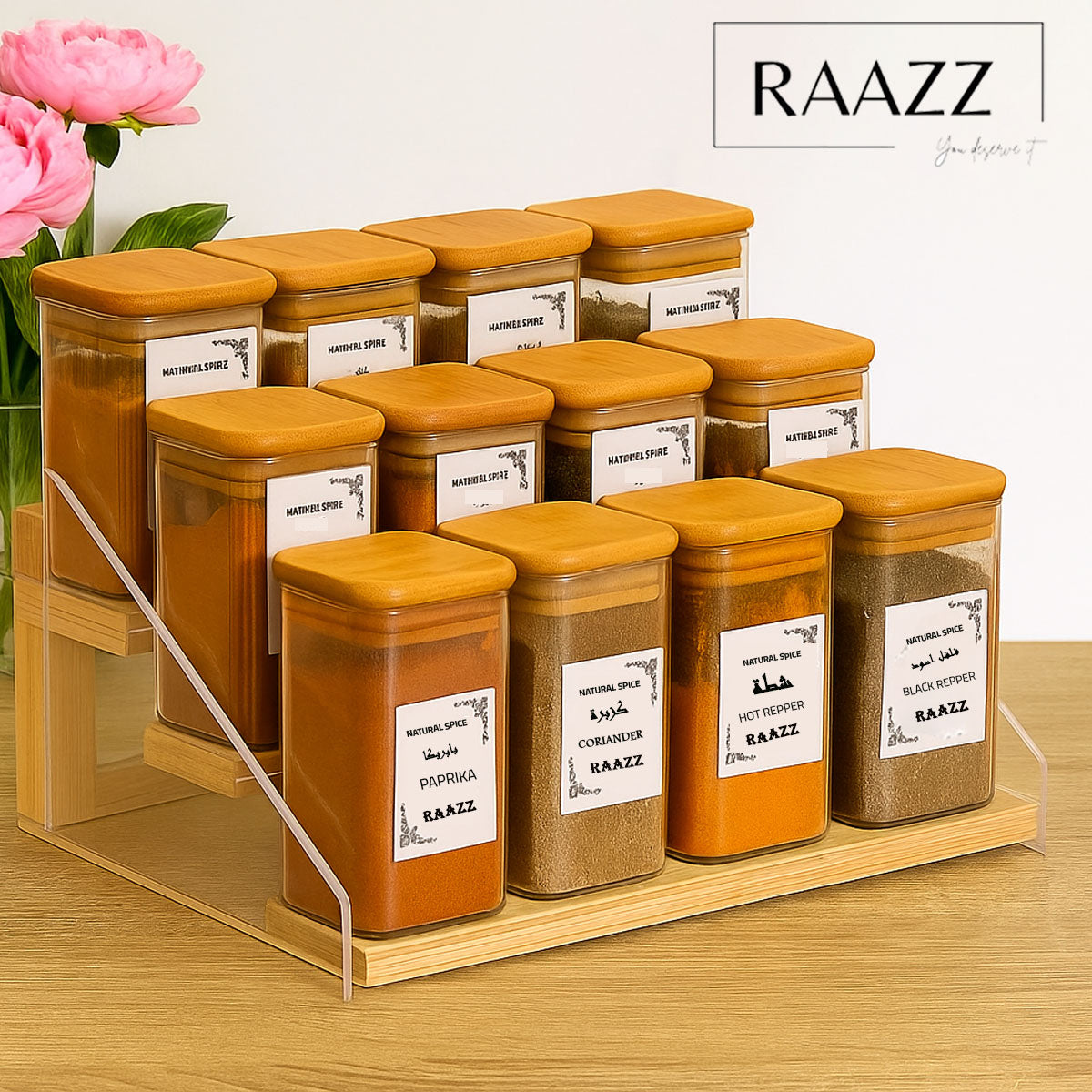 طقم برطمانات توابل فاخر – تصميم خشبي أنيق  12 برطمان توابل
