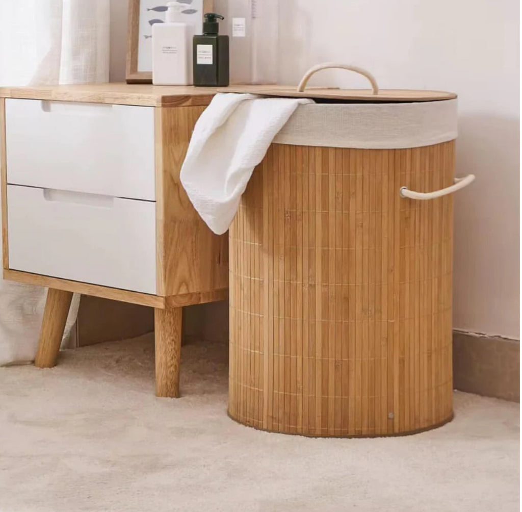 باسكت غسيل خشب بامبو مبطن بكتان من الداخل