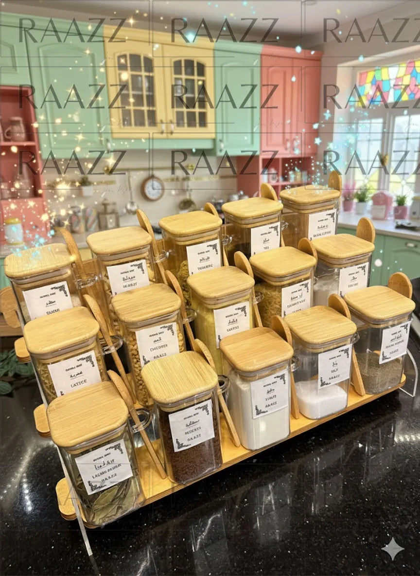 منظم توابل بامبو 15 برطمان بملاعق مدمجة