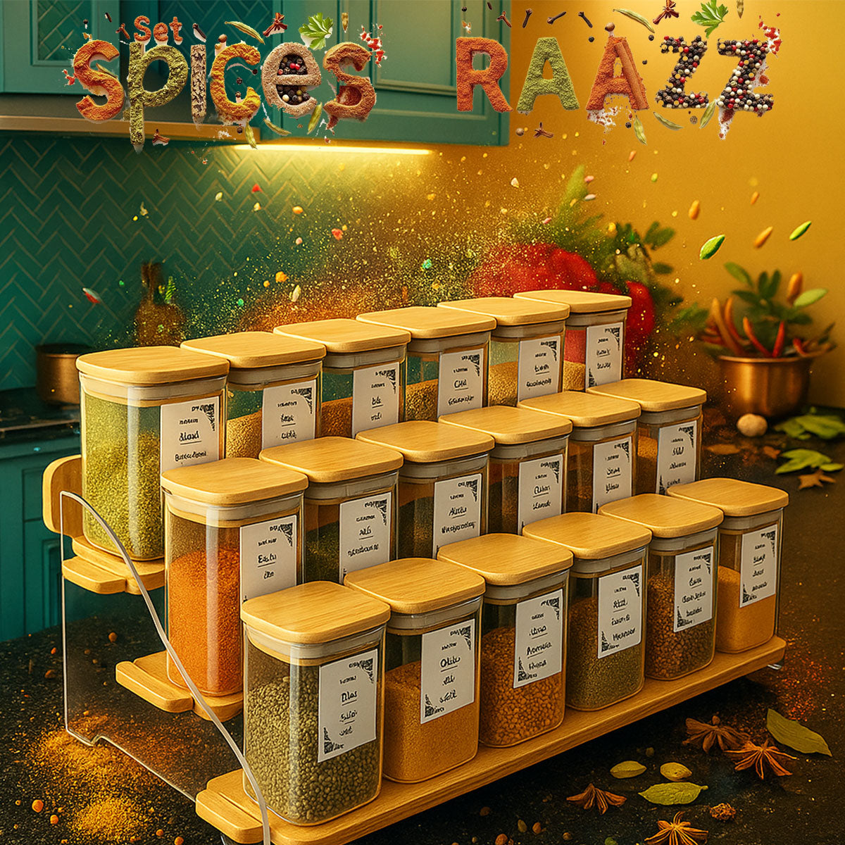منظم بهارات خشب وأكريليك مع 18 برطمان زجاج