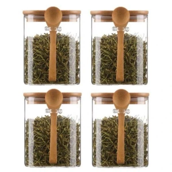 برطمان زجاجي مربع - مع غطاء خشب البامبو وملعقة خشبية