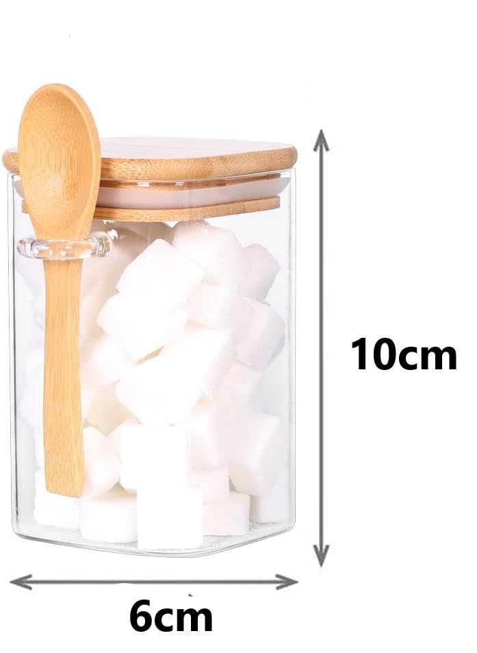 برطمان زجاجي مربع - مع غطاء خشب البامبو وملعقة خشبية