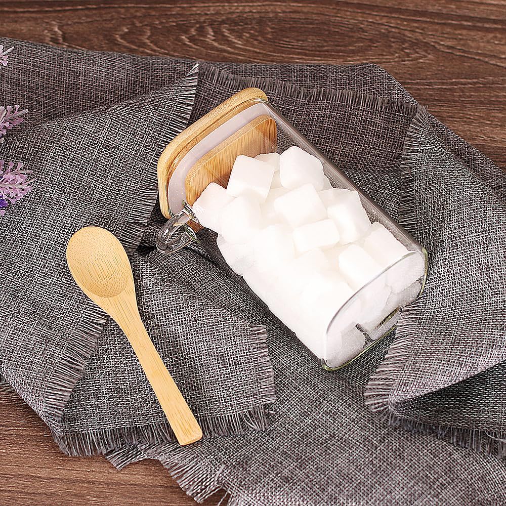 برطمان زجاجي مربع - مع غطاء خشب البامبو وملعقة خشبية