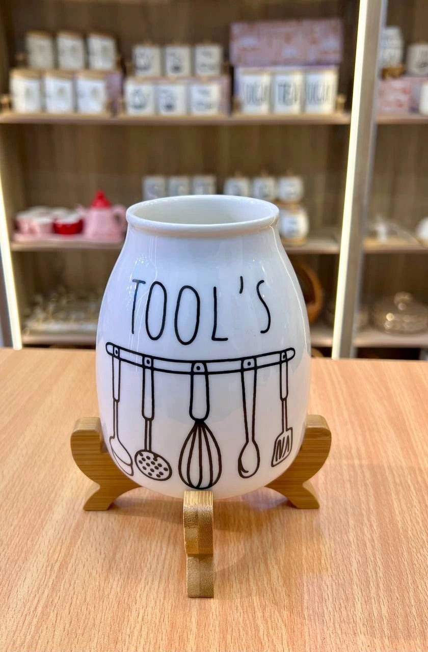 منظم معالق بورسلين بومبيه مع حامل خشب بامبو