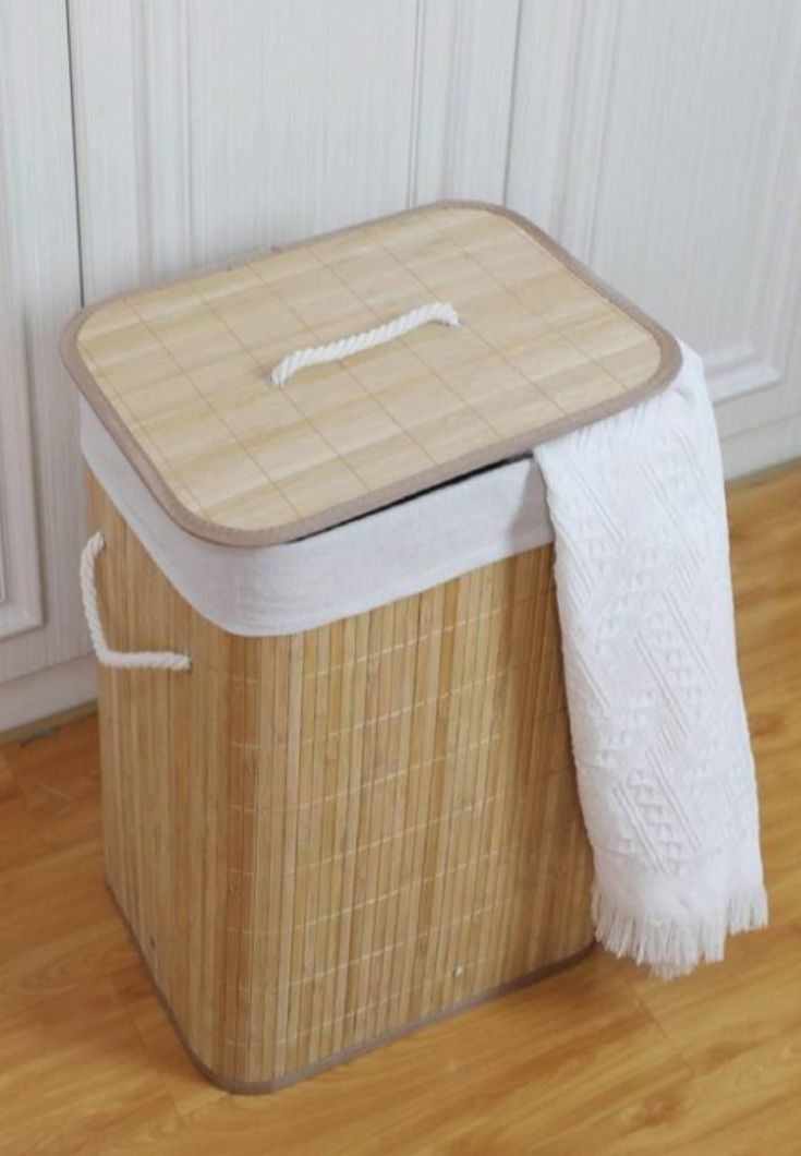 باسكت غسيل خشب بامبو مبطن بكتان من الداخل