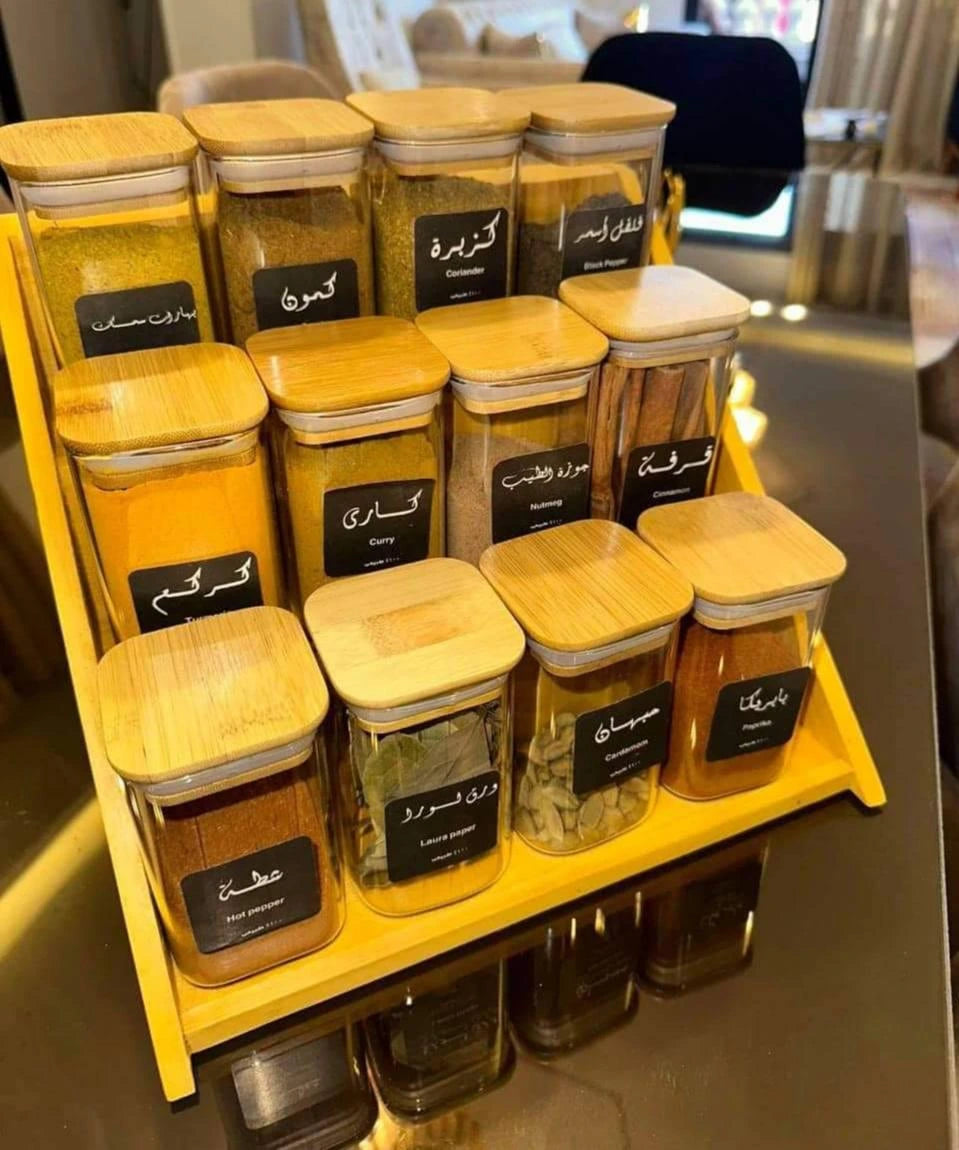 طقم توابل 250 مل كامل بمنظم خشب + معالق + استيكر