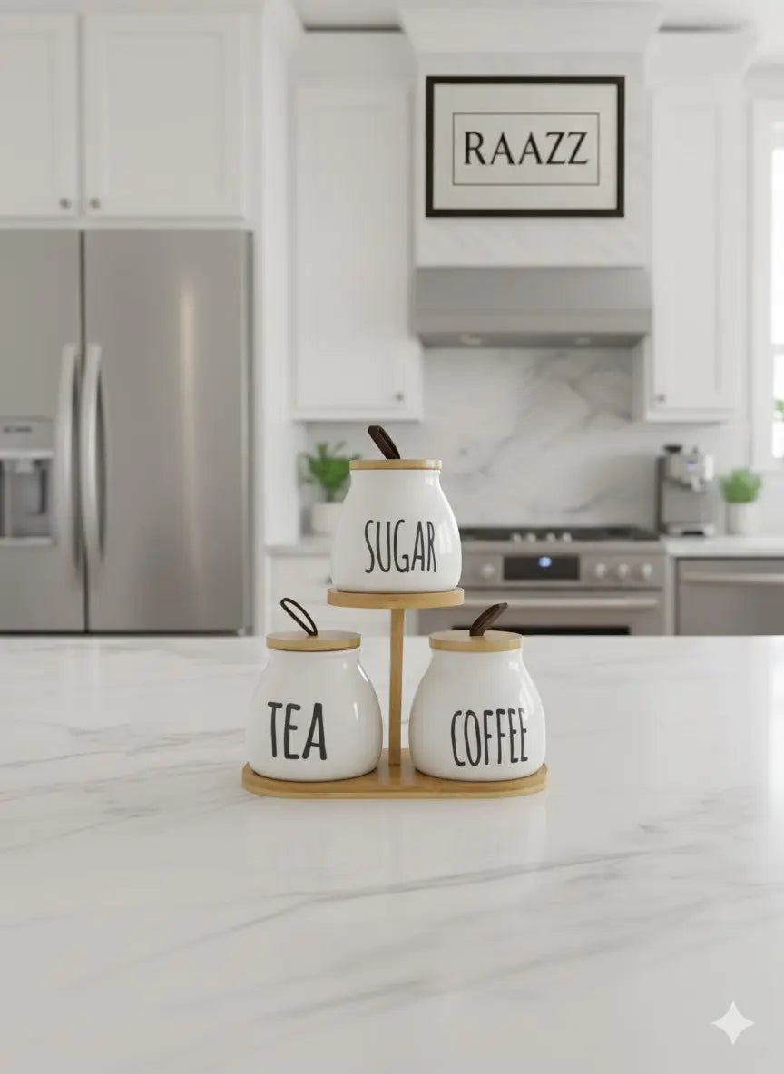 طقم برطمانات بورسيلين بومبيه للقهوة والشاي والسكر مع ستاند خشب هرمى