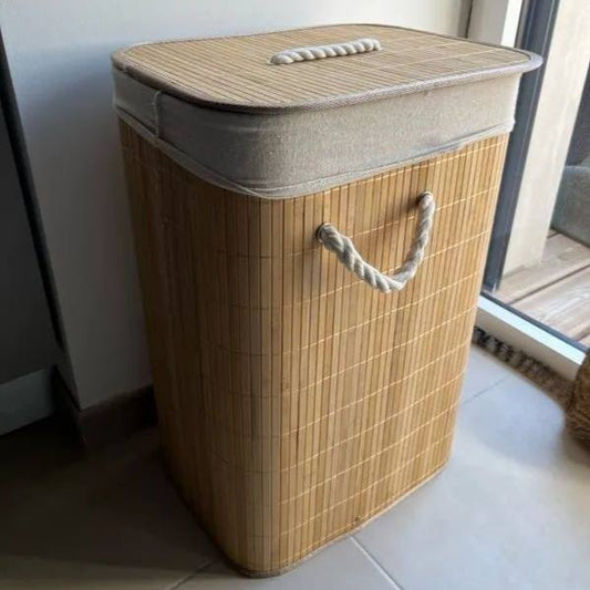 باسكت غسيل خشب بامبو مبطن بكتان من الداخل