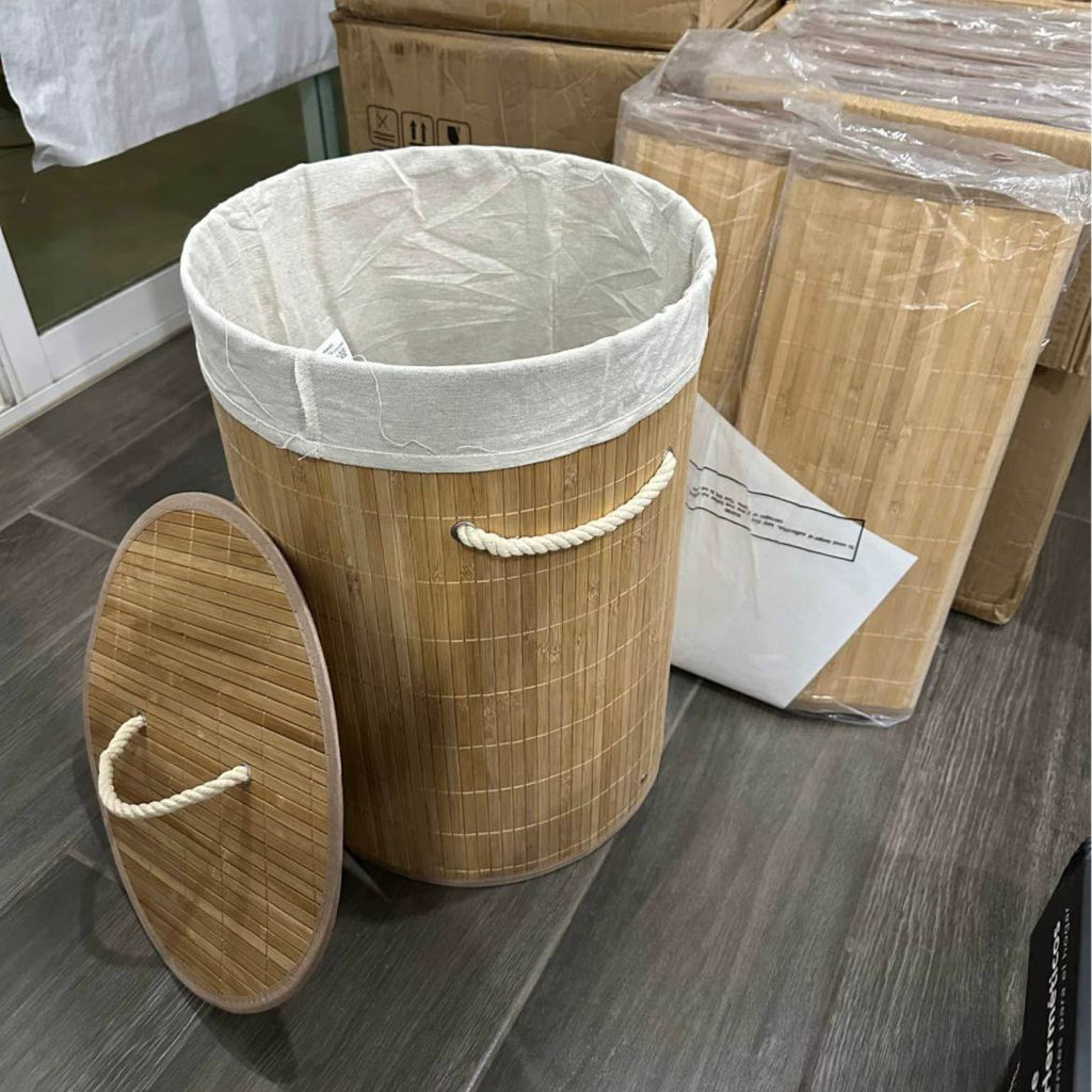 باسكت غسيل خشب بامبو مبطن بكتان من الداخل