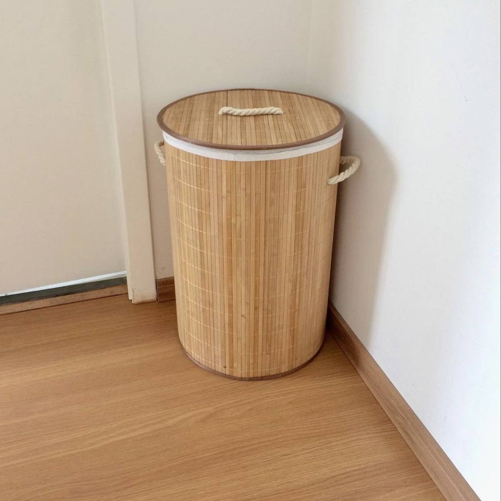 باسكت غسيل خشب بامبو مبطن بكتان من الداخل