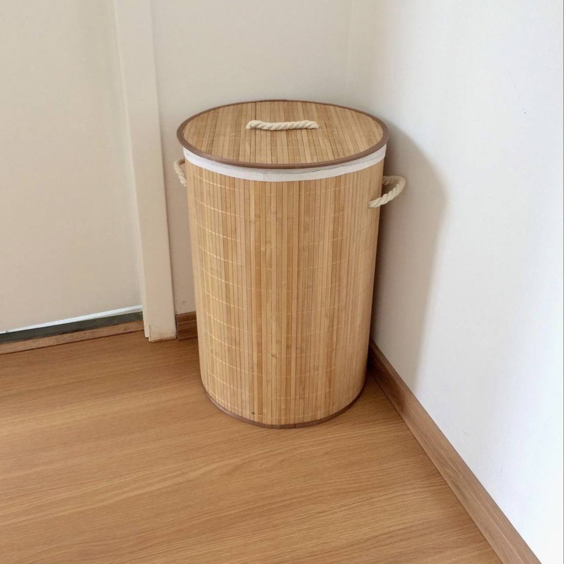 باسكت غسيل خشب بامبو مبطن بكتان من الداخل
