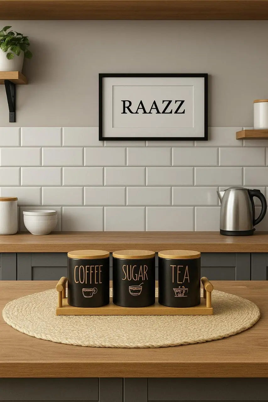 طقم مطبخ بورسلين أنيق بالأسود والذهبي – 3 قطع (شاي ، سكر ، قهوة )